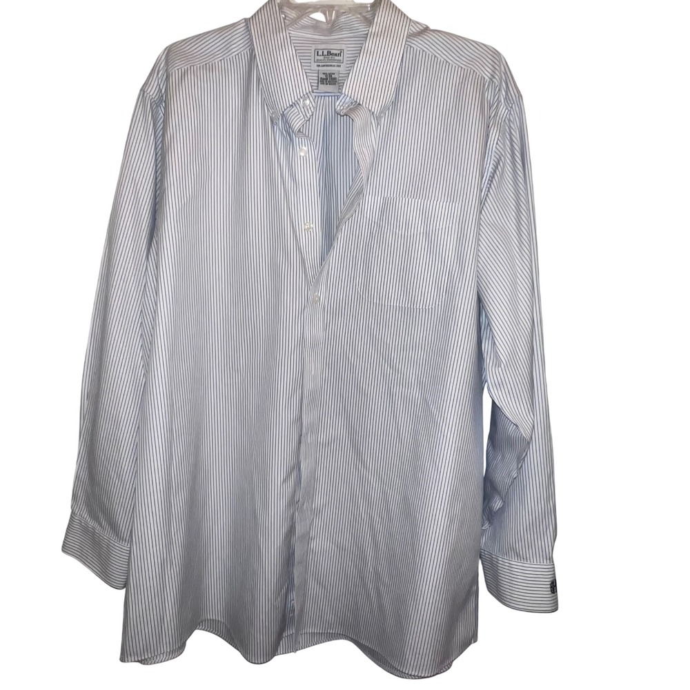 LL Bean Mens Traditional Fit Pinstripe Button Down Shirt Blue White 17-34 278341